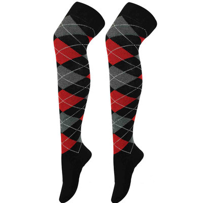 Kousen Overknee Argyle Zwart met Rood en Grijs