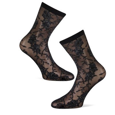 Sokken Enkel Panty Zwart met Zilver Lurex Bloem