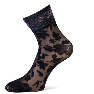 Sokken Enkel Panty Bloemen Pizzo Zwart met Pink