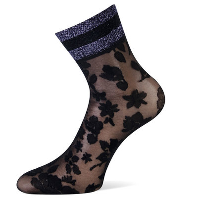 Sokken Enkel Panty Bloemen Pizzo Zwart met Lila