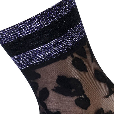 Sokken Enkel Panty Bloemen Pizzo Zwart met Lila