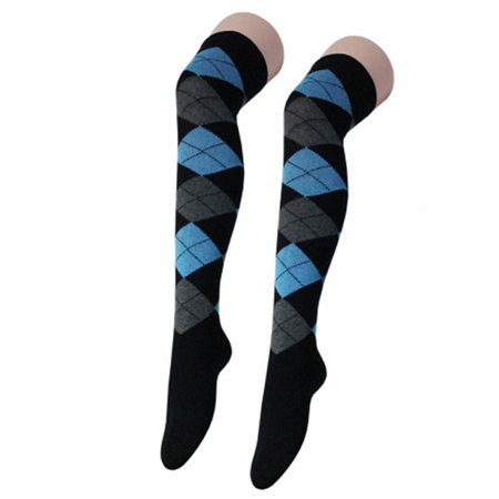 Kousen Overknee Argyle Zwart met Blauw en Grijs