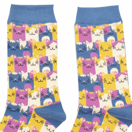 Bamboe Damessokken Happy Cats in Denimblauw