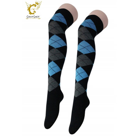 Kousen Overknee Argyle Zwart met Blauw en Grijs