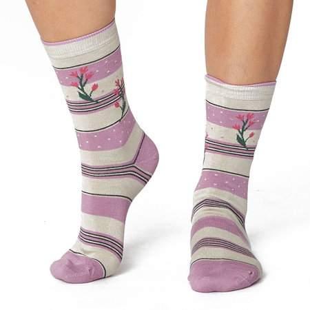 Bamboe Damessokken Floral & Stripe Pink